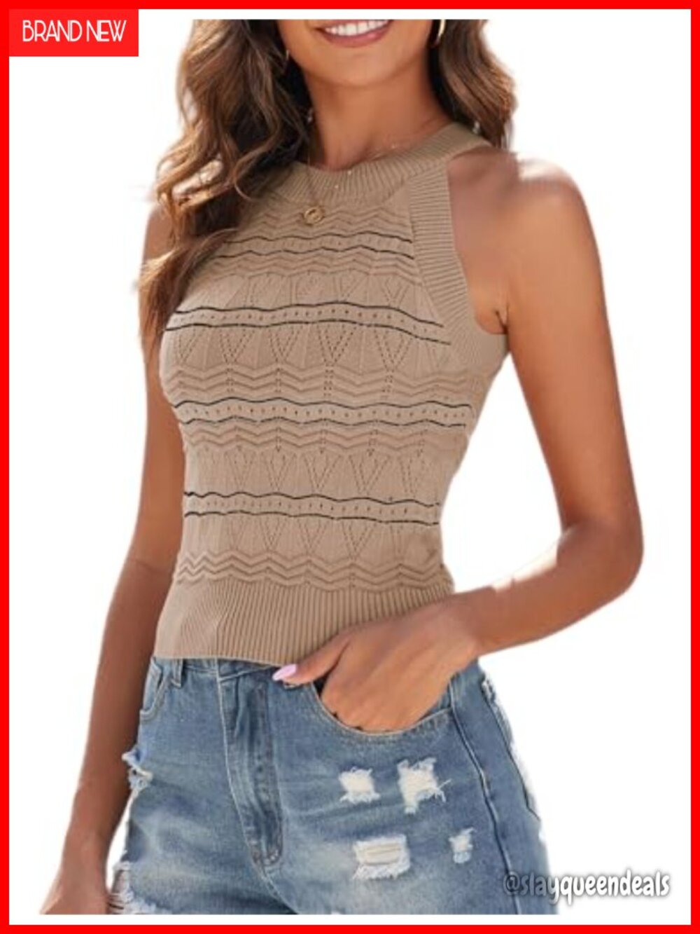Crochet Halter Tank Top Striped Sleeveless Knit Sweater Vest Slim Fit